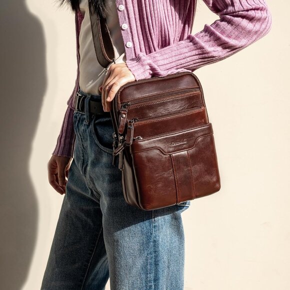 Men's Brown Small Zipper Messenger Pack Genuine Leather Sling Shoulder Bag - Picture 6 of 6